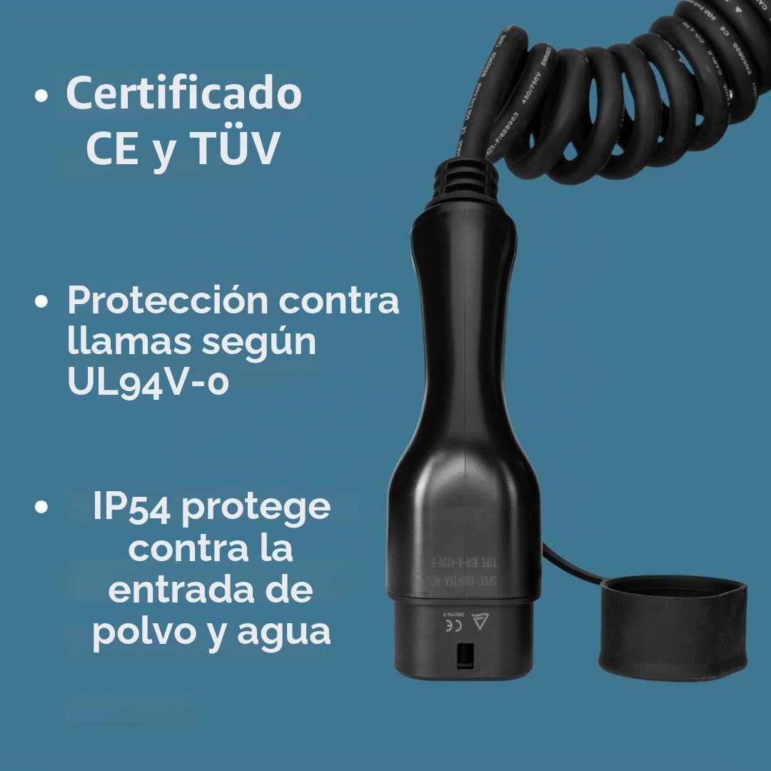Cable de carga en espiral | Tipo 2 – 22 kW, 32 A, 3 fases, 3 m, para coches eléctricos, cable robusto de 3 m, IP54, certificado CE y TUV, para coches eléctricos tipo 2 en Europa