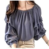 [1/2style (ニブンノイチスタイル)] ブラウス チュニック ラメ 入り 長袖 襟 なし タック バルーン 袖 レディース (ブルーグレー, Ｌ)