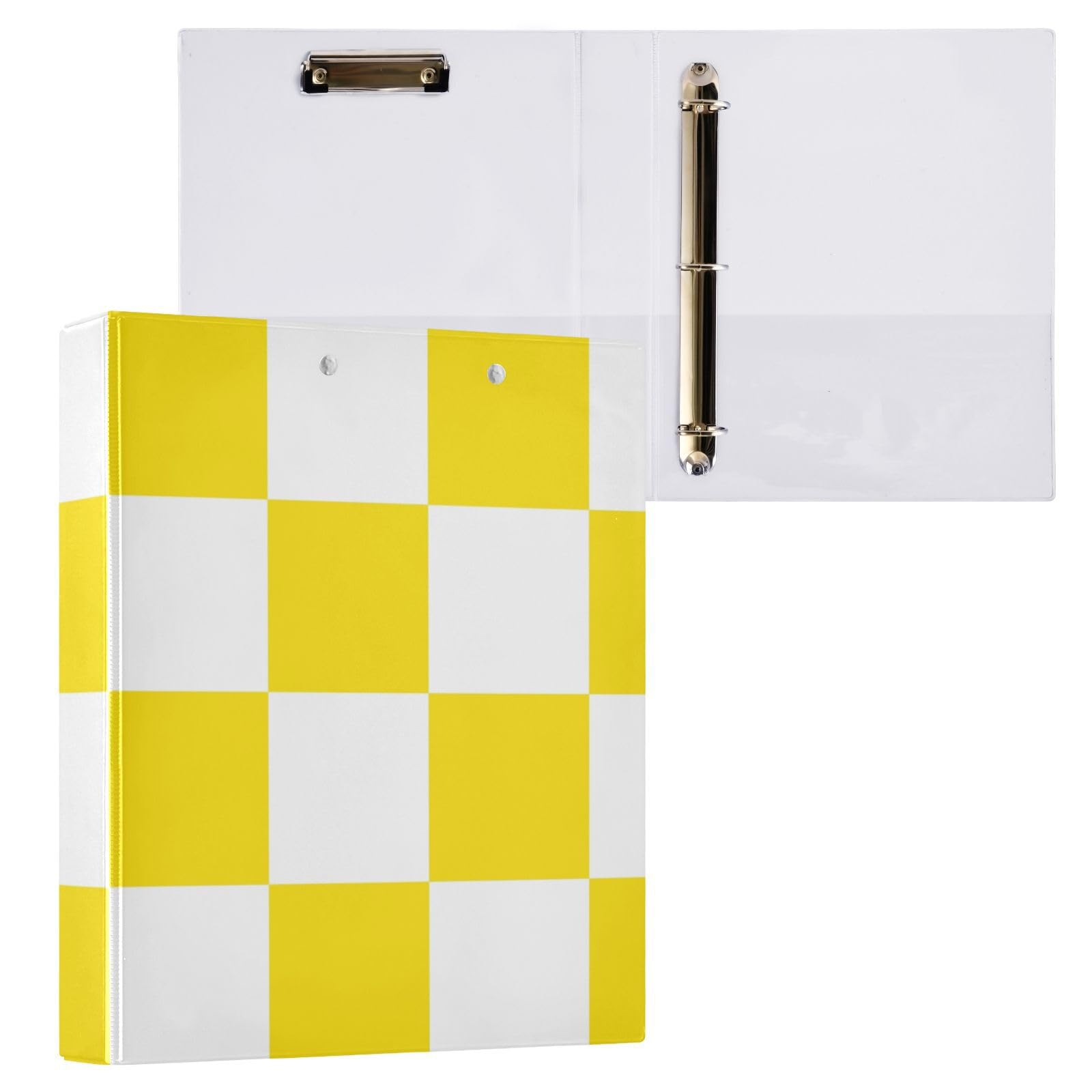 Kcldeci Raccoglitore a 3 anelli con copertina rigida, a scacchi gialli e bianchi, 3,8 cm, anelli rotondi con tasche interne, per scuola, ufficio, ricette, raccoglitori, confezione da 2