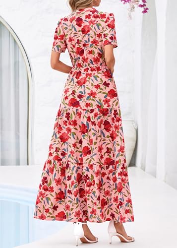 Image of KIRUNDO Womens Floral Boho Flowy Maxi Dress | Short Sleeve, V Neck, Empire Waist, A Line, 2026 Summer Beach Vacation Long Dresses With Pockets, Cocktail Party Outfits
