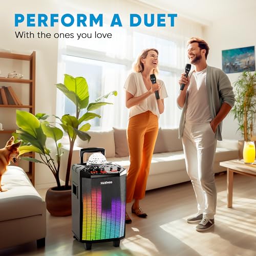 MASINGO New Karaoke Machine for Adults and Kids with 2 Bluetooth Wireless Microphones. Portable Singing PA Speaker System with Party Lights, Lyrics Display Holder, and TV Cable. Festoso X9