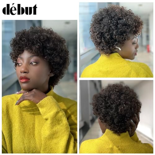 DÉBUT Short Curly Wig 100% Human Hair Wigs For Women Dark Brown Afro Curly Wig with Bangs Pixie Cut Wig Brazilian Remy Hair (8 inches - Image 2