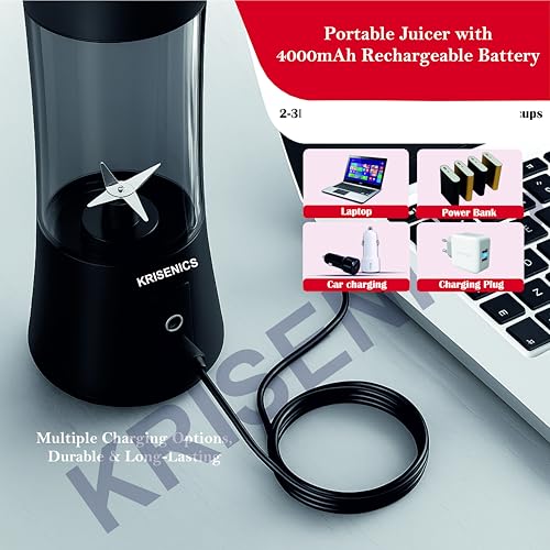 Image of Portable 6-Blade Juicer Blender with built-in Jar, Juicer Mixer Bottle,Fruit Juice Machine,USB Rechargeable Personal Size Grinder for Juices, appliance for Protein&Milk Shakes (Black, 380ml)