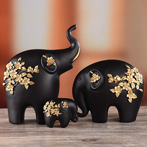 Brasstar Elephants Statue Black Resin Golden Flower Ornament Three Elephant Family Home Office Feng Shui Decor Gift Tqzdpt28 #TOP4