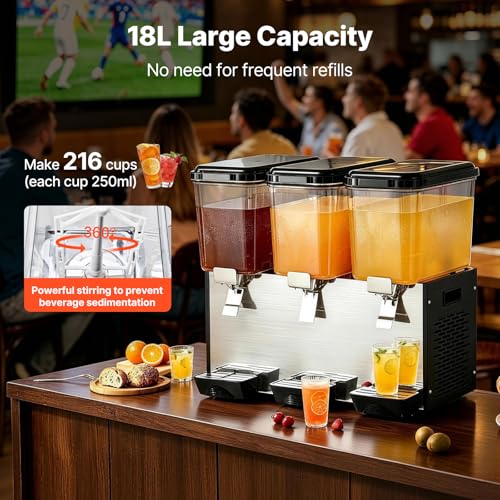 Image of VEVOR Commercial Beverage Dispenser, 3 Tanks Juice Dispenser, 18 L / 19 QT Per Tank, 512W Stainless Steel Ice Tea Drink Machine with 45℉ to 54℉ Cooling Temp, for Cold Drink Restaurant Bar Party