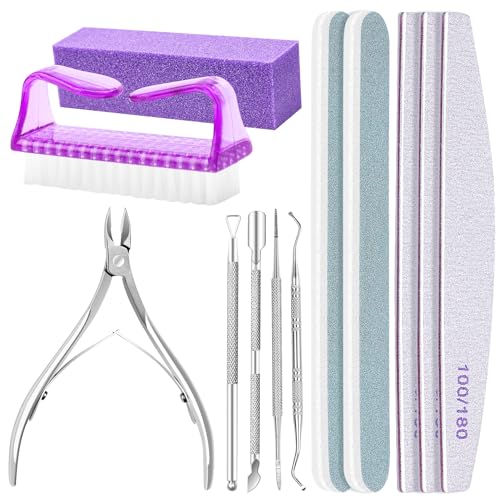 ALLE'S - Juego de 12 limas de uñas y cutículas profesionales de metal, cortatapas, cepillo, herramientas para uñas encarnadas y más, Morado