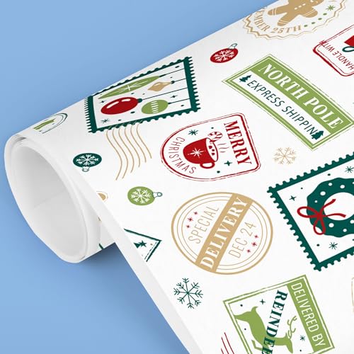 Big Dot of Happiness North Pole Special Delivery Wrapping Paper, Santa Claus Holiday Gift Wrap Roll, Christmas Stamps Gift Paper, 24 in x 7 feet, 1 Roll