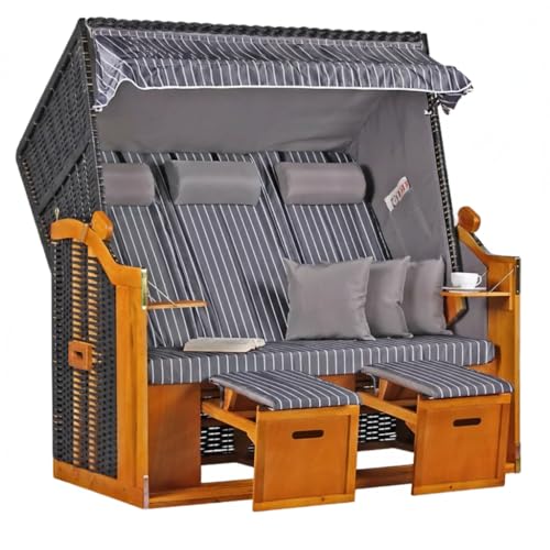 MR. DEKO Strandkorb Ostsee XXL Volllieger | PE Geflecht Schwarz inkl. 6 Kissen | Dessin Royal Anthrazit | Strandstuhl Liegestuhl DreisitzerStrandkörbe aus Hartholz | Garten, Wintergarten und Terrasse