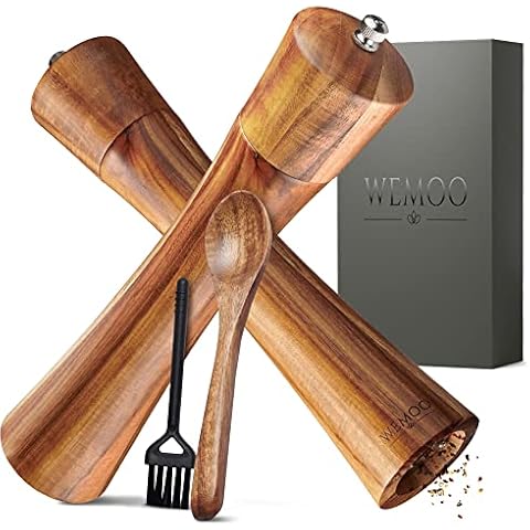 WEMOO® Salz und Pfeffermühle aus Holz Gross (21 cm) | Gewürzmühlen mit robustem Keramikmahlwerk | Extra Befüllungslöffel und Reinigungspinsel | Set mit Pfeffer und Salzmühle Cover