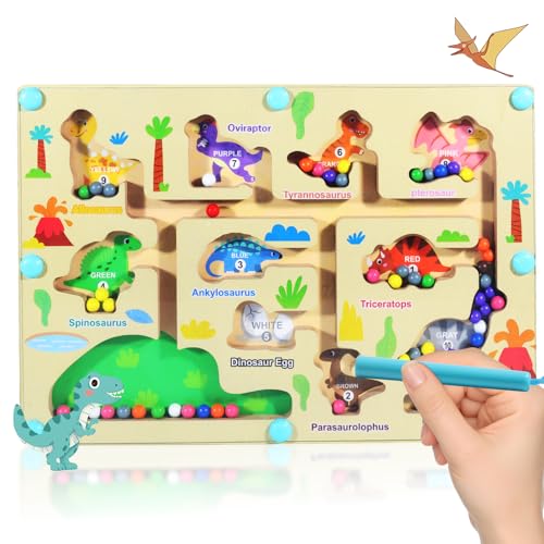 Solinorex Magnetspiel Labyrinth Spielzeug Busy Board, Dinosaurier Magnetisches Perlenlabyrinth aus Wachsholz &ndash; Lernspielzeug f&uuml;r Kinder ab 3 Jahren mit Z&auml;hlfunktion & Motorikf&ouml;rderung