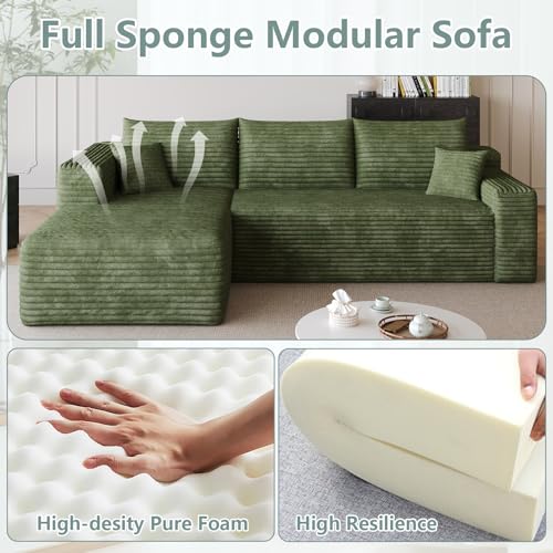 Image of 95 inch Modular Sectional Sofa, Modern Corduroy Cloud Couch with Side Pockets, Boneless Couch Upholstered 3-Seater L-Shaped Sofa for Living Room, No Assembly Required (Green,Left-Facing Chaise)