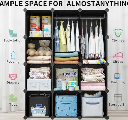 Image of KRISHYAM12-Cube Modular Wardrobe with Doors, Hanging Rod & 3 Shoe Boxes, Space-Saving DIY Closet Organizer for Clothes, Shoes, Toys & Home Storage,