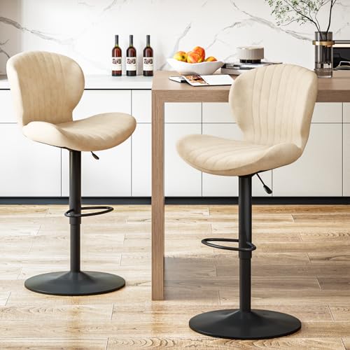 Image of Waleaf Modern Adjustable Bar Stools Set of 2, Faux Leather Upholstered Swivel Counter Stools, Counter Height Bar Stools with Large Base, Easy 5 Minute Assembly for Kitchen Island (Beige, Set of 2)