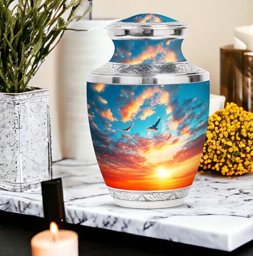 Image of Sunset Sky Cremation Urns For Adult Ashes Women - Large Decorative Urn - Personalized Urn For Ashes Adult Male - Burial Urn For Ashes For Men - Customized Urn - 10 Inch Large With Velvet Bag