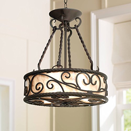 Natural Mica Walnut Pendant Chandelier 17" Wide Rustic Country Cottage Drum Shade Scroll Fixture for Dining Room House Foyer Entryway Kitchen Bedroom Living Room High Ceilings - John Timberland
