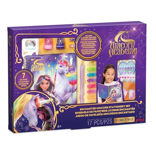 Make It Real: Unicorn Academy: Juego de papelería de Unicornio Encantado, Kit de Diario de 17 Piezas, bolígrafos de Gel, calcomanías, Gomas de borrar, Gemas, Diario, Serie Netflix, niños Mayores de 6