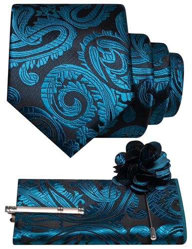 JEMYGINS Ensemble de cravates à motif cachemire baroque pour homme - En polyester - Élégant mouchoir de poche - Pince à cravate - Broche à cravate - Pour...