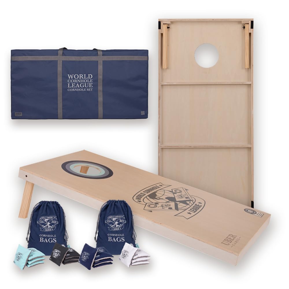 Uber Games - World Cornhole League - 120x60 cm Doppelbrett-Set & Tasche - Turnierqualität Board (4x2 ft) & 16 Cornhole Bags - Officieel Product