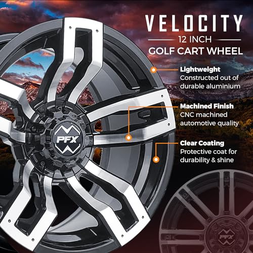ProFormX 12" Velocity Golf Cart Wheels & Tires Combo Package - Set of Four 23x10.5x12 AT Off-road Tire on 12x7 Machine/Black Rim. Fits Club Car, EZGO and Yamaha LIFTED Carts w/Caps