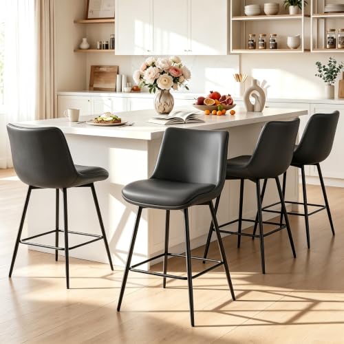 Image of Counter Height Bar Stools Set of 4, FSC Certified Upholstered Faux Leather Barstools with Back, Metal Base, 27 inch Seat Height, Modern Upholstered Counter Stools for Kitchen Island,(Black