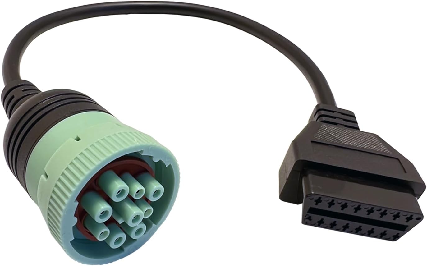 9 Pin to 16 Pin OBD2 Adapter Cable, OBD II Male to Green J1939 Female Cable for Heavy Duty Trucks and Commercial Vehicles with Green Type 2 J1939 Diagnostic Connector