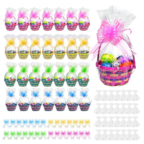 TANEMUDO 28 Pcs Bamboo Easter Basket Bulk Set with Handle Bow Wrapping Round Woven Basket for Easter Bunny Egg Hunt Party Supplies (Classic 4 Colors)