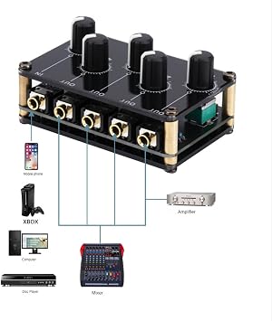 T00 Mini 4 Channel Stereo Line Mixer 1 in 4 Out Low Noise for Studio Recording Small Sleek Audio Passive Mixer