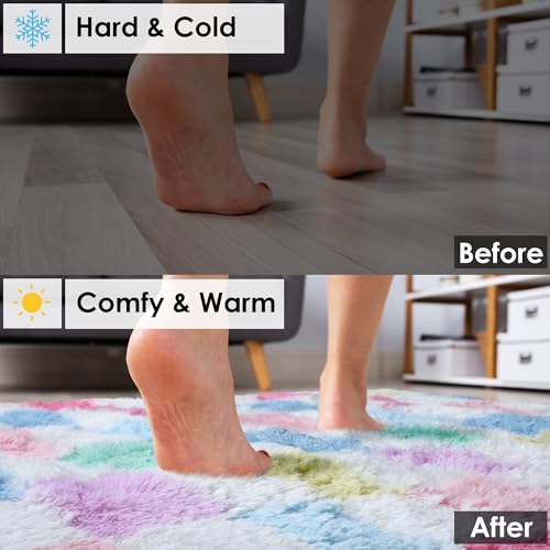 Image of KICMOR Checkered Rug 8x10 for Living Room, Rainbow Colorful Fluffy Soft Large Area Rug Fuzzy Shag Shaggy Bedroom Carpet, Cute Indoor Plush Rugs for Kids Girls Boys Dorm Nursery Home Decor Aesthetic