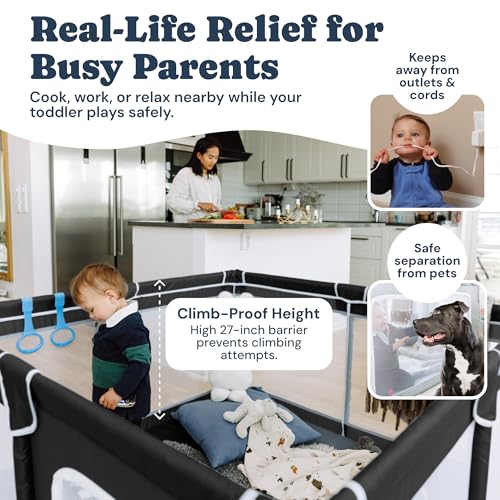 Image of TODALE Baby Play Pen - 50x50x27 in, Black - Foldable & Portable | Portable foldable playpen - anti-slip base - breathable mesh - Use for babies & toddlers, home & travel
