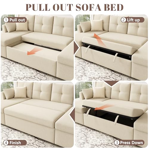 Image of Huatean Home Oversized Sleeper Sofa Couch, 110 inch 2 in 1 Pullout Couch Bed with Double Storage Chaise, Sectional Sleeper Sofa Bed with Side Pocket for Living Room, Beige