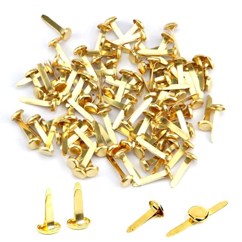 JDXun 100 Stück Mini Brads, (8 * 16mm) Musterklammern Metall Rundkopfklammern Verschlussklammern Musterbeutelklammern Scrapbooking Brads, für Basteln, Verzierungen und DIY (Gold)