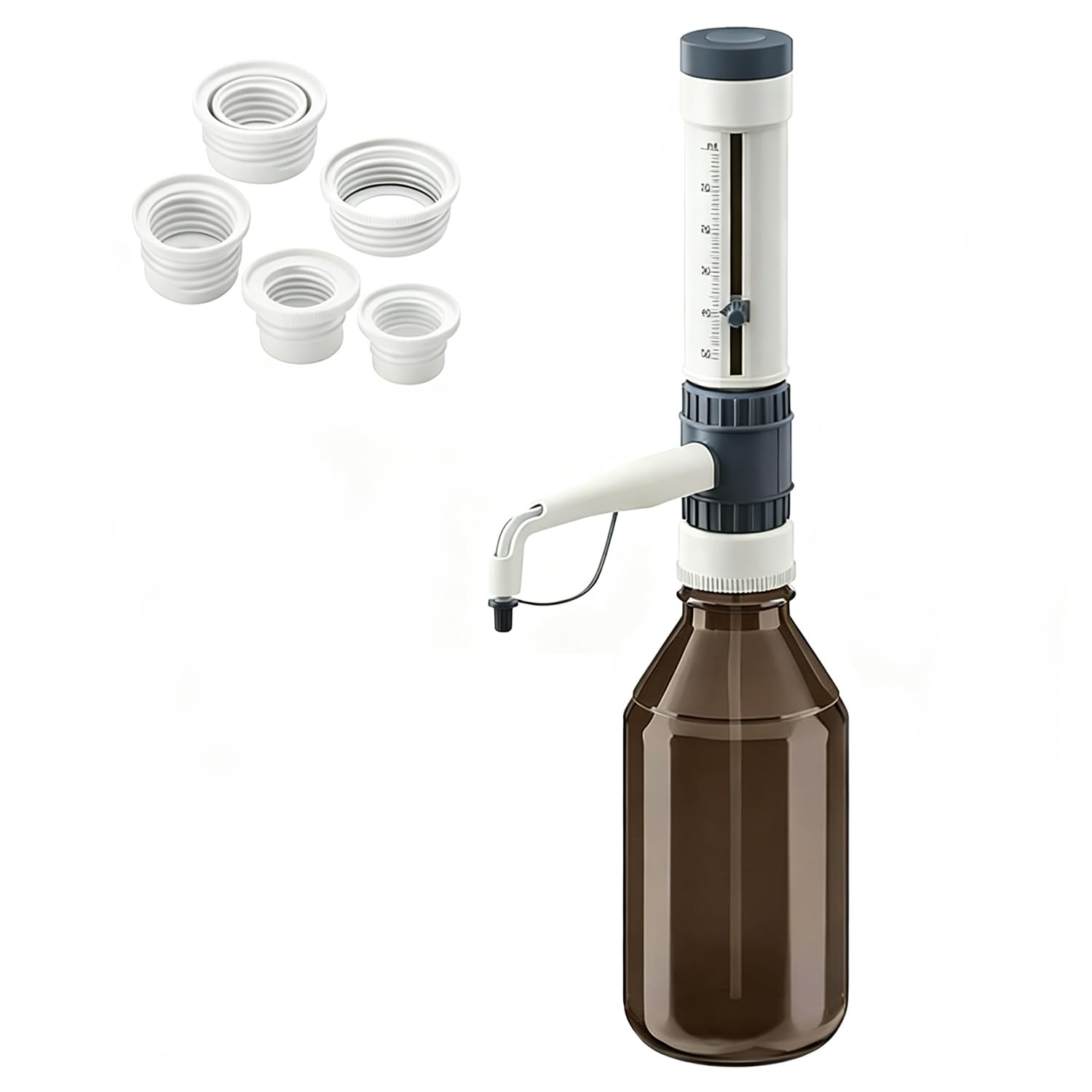 Distributeur De Liquide pour Flacon, Doseur De Réactifs De Laboratoire Réglable, Comprenant 5 Adaptateurs pour Goulot De Flacon, avec Valve Anti-Goutte Et Bouchon De Sécurité, 5-50ml