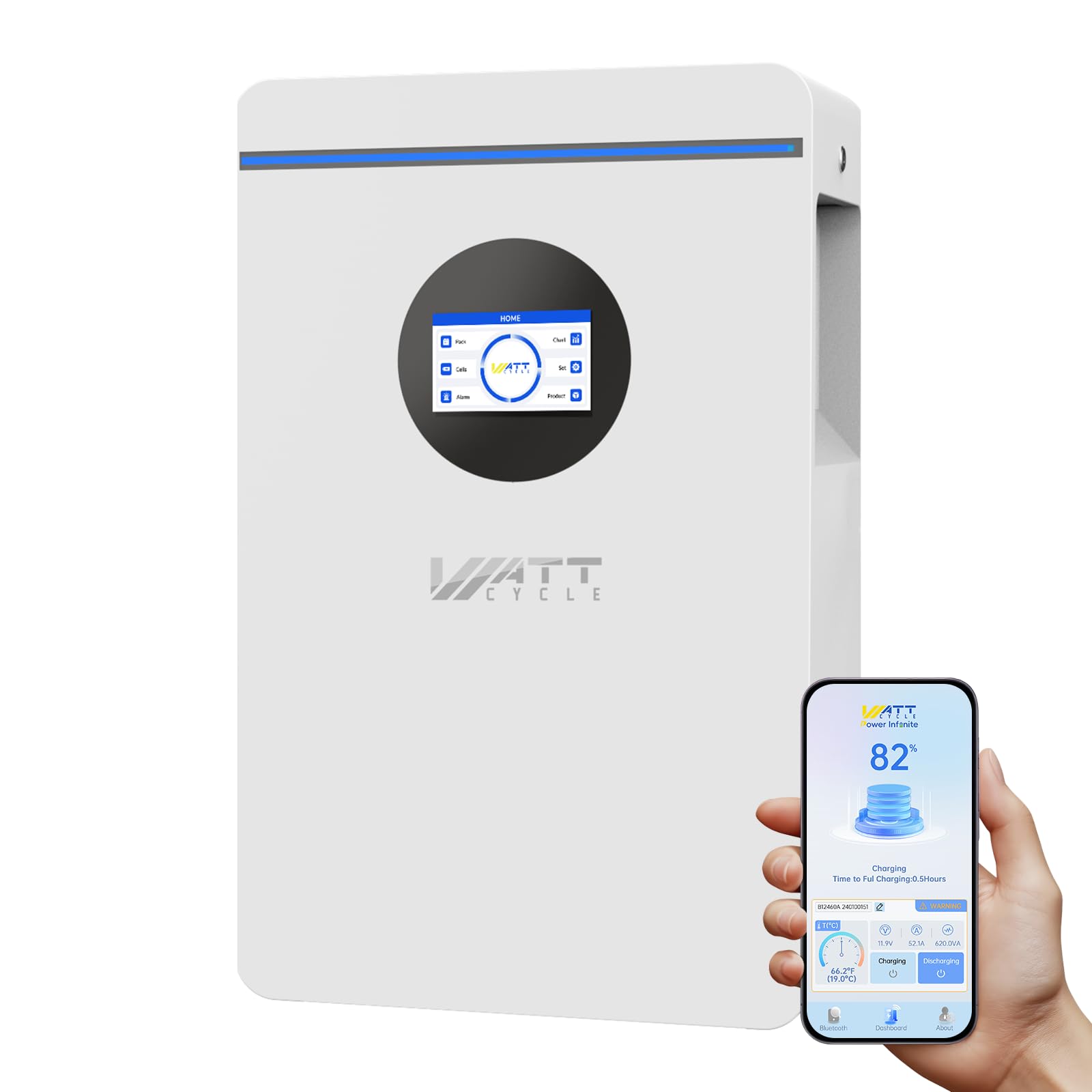 WattCycle Batteria LiFePO4 48V 100Ah 5,12kWh, Batteria al Litio per Accumulo Fotovoltaico Domestico con BMS Intelligente 100A, Celle Grade A EV, Bluetooth per Sistemi Off-Grid e Backup Energia