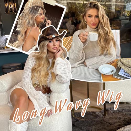 Image of AISI HAIR Blonde Wig for Women, Long Wavy Lace Hairline Blond Synthetic Middle Part Ombre Blonde Wigs for Daily Party-26 Inch