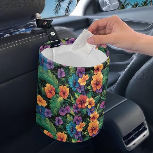 Image of Hawaii Flower Print Car Trash Can Collapsible Hanging Car Trash Bin Cute Universal Car Interior Accessories for Car SUV Trucks