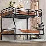 cloblane Full XL Over Queen Bunk Bed, Metak Bunk Beds Frame with Safety Guardrails, Modern Metal Bed Frame with Ladders for Teens, Industrial Detachable, No Box Spring Needed, Black