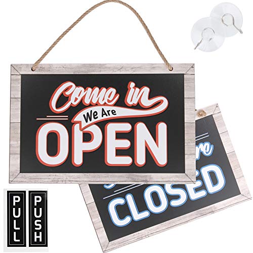 Black Friday Sale 2022 Open Closed Sign for Business – Bundle with 2 Suction Cup, Pull and Push Stickers - Stylish Double-Sided Open Signs for Business is The Ideal Hanging Banner for Restaurant Stores Bar Windows or Doors