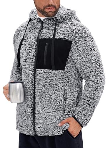 VOGSTART Männer Flauschiger Sherpa Hoodie Mit Ganzem Reißverschluss Warmes Fleece Oberbekleidung Kapuze Kontrast Taschen Herbst Alltag M
