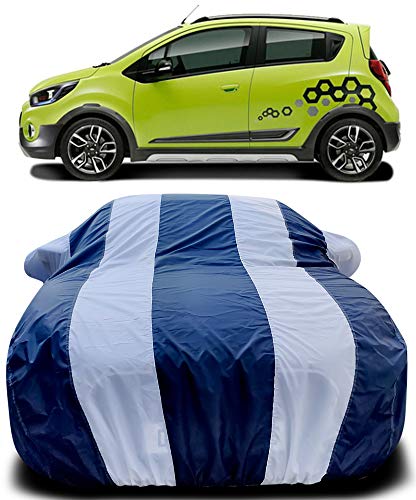 Image of PURPLEHEART Compatible with Chevrolet Beat Car Cover Body with Mirror Pocket Triple Stitched Bottom Elastic Water Resistant UV Protection & Dustproof Car Cover-Blue & White