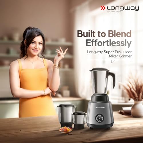 Image of Longway Super Pro Mixer Grinder | 500 Watt Powerful Motor | 3 Jars for Grinding, Mixing, Juicing | 2 Years Warranty (Silver & Black)