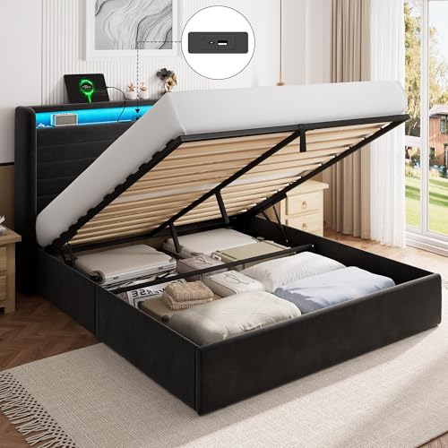 FEONASE Bett 160x200 mit Stauraum, Polsterbett 160x200 cm mit LED-Beleuchtung & Ladestation, Bettgestell mit Hydraulischem und Velous Kopfteil Stauraum, Lattenrost, Ohne Matratze, Dunkelgrau