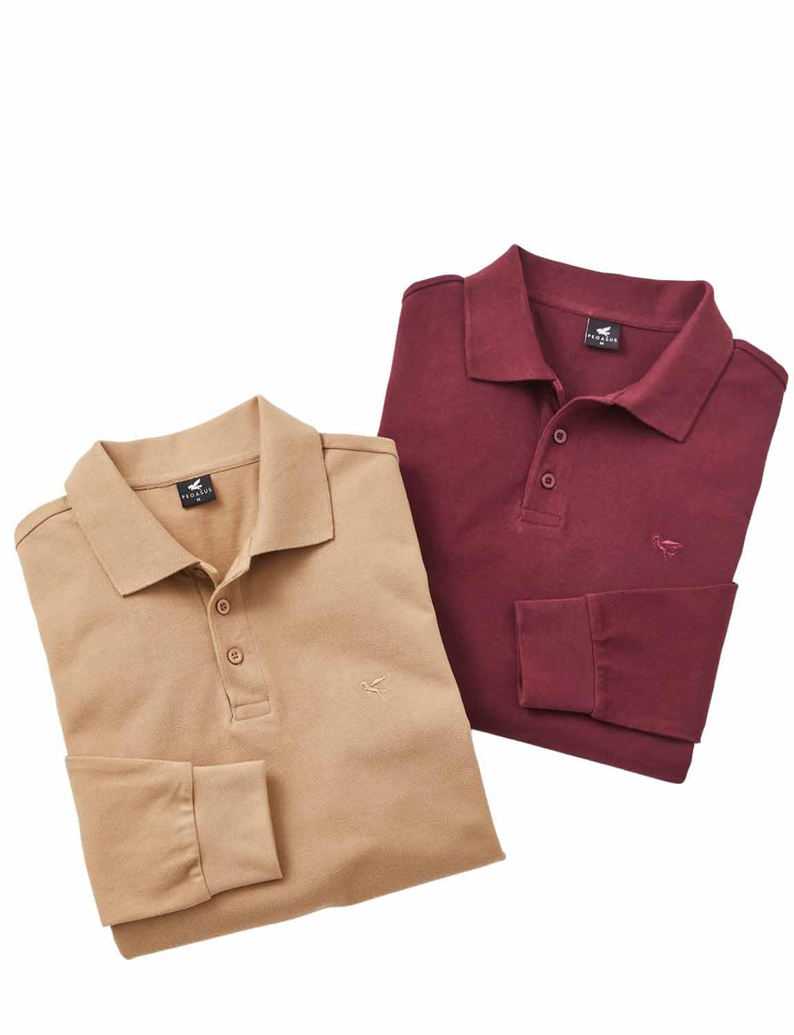 Pegasus Men's Burgundy 2 Pack Long Sleeve Polo Shirt 260Gsm Heavyweight Pique Flat Knit Collar, Ribbed Cuffs & Chest Embroidery M