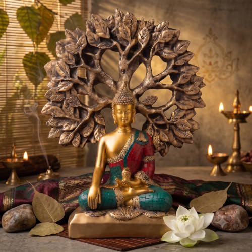 Image of Meditating Buddha Statue Under Bodhi Tree for Home Decor - Golden Gautama Buddha Figurine for Living Room, Office & Vastu (Golden, Red, Blue)