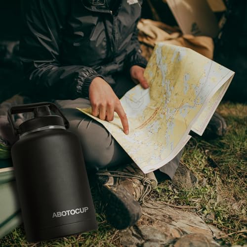 Image of ABOTOCUP 1.5 Gallon Water Jug with Wide Mouth, 192oz Insulated Water Bottle Keep Cold24h&Hot12h, Comes with Ergonomic Handle, Two Double Walled 16oz 18 /8 Stainless Steel Cups Thermo Canteen Mug