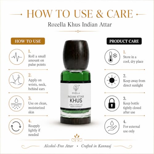 Image of ROZELLA Khus Authentic Attar for Men and Women | Cool Earthy Freshness Perfume Oil | Traditional Fragrance Blend | Non Alcoholic Long Lasting Aroma Attar Roll On | 3 ml