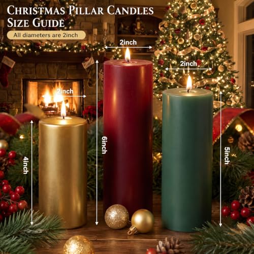 Image of Conelist 3 Pack Christmas Pillar Candles Set Red Green and Gold 3 Sizes | Unscented Dripless Christmas Candles, 4in 5in 6in Smokeless Holiday Candles for Gift Dinner Centerpieces Party Decoration