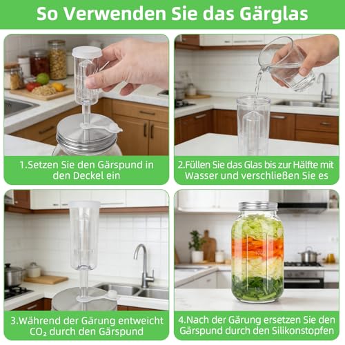 AULEEP 2L Fermentierglas mit Gewicht & Gärventil, 2er Fermentationsglas mit Fermentiergewichte, Fermentieren Gläser für Sauerkraut Kimchi, Kombucha, Fruits, Vegetables, Pickled, Sauerteigstarter usw