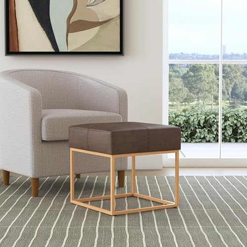 Image of HomePop 18 inch Small Square Gold Metal Ottoman - Brown Faux Leather