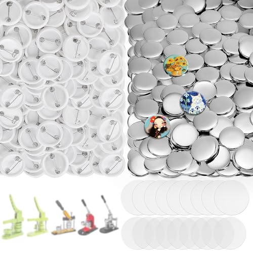 200 Sets Button Maker Supplies 32mm/1.25 inch Button Supplies with Plastic Pin Back Cover Metal Cover Transparent Film and Blank Paper Suitable for Buttons Making Machine and Pin Maker Press