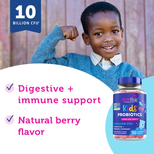 Lovebug Probiotics For Kids | Multi-Strain 10 Billion Cfu | Constipation & Stomach Discomfort | Sugar Free | Ages 4+ | Natural Berry Flavor | 30 Chewables #TOP6